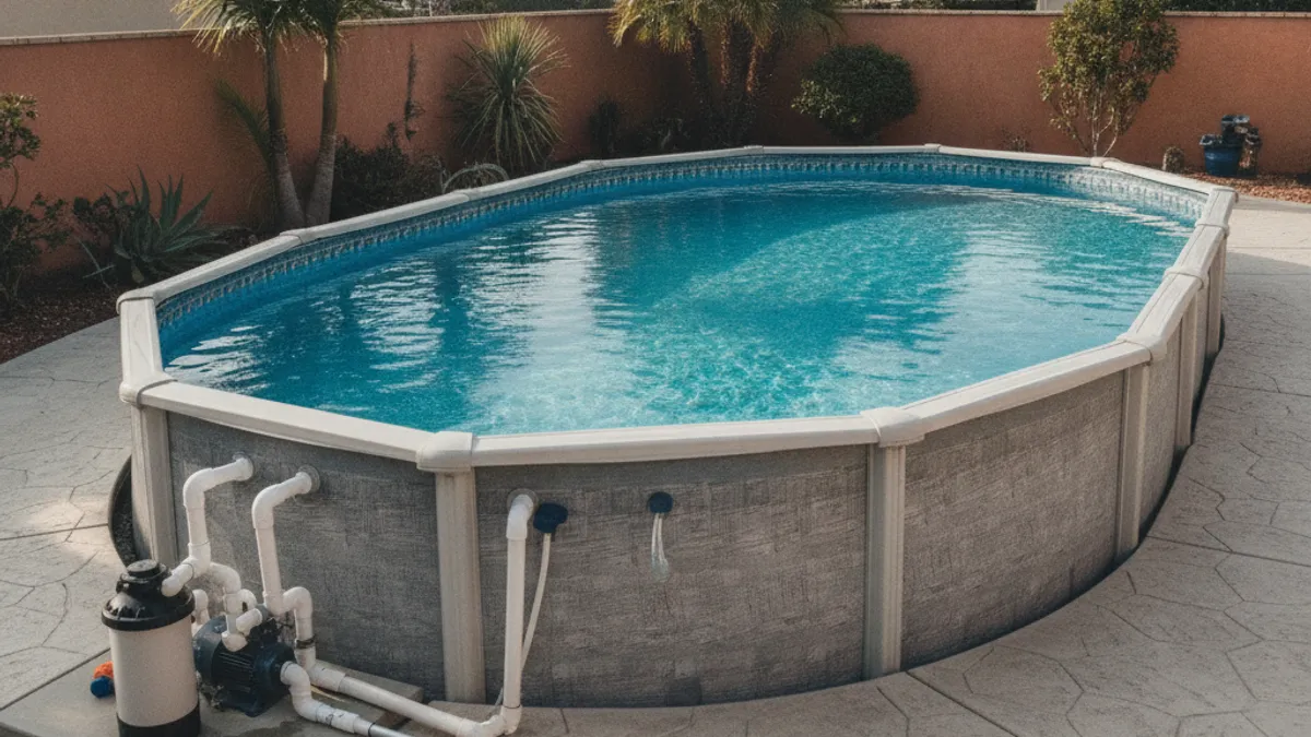 An above-ground pool with a vinyl liner in a San Diego backyard, with a test kit and skimmer net on the deck beside it