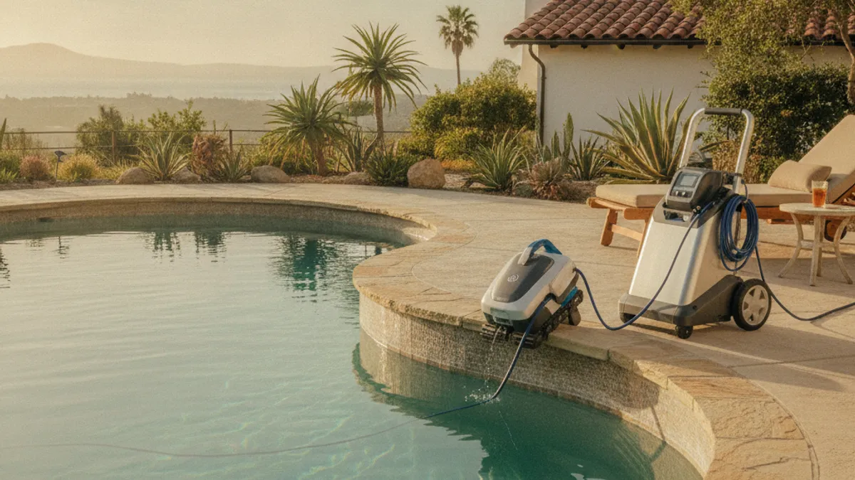 A robotic pool cleaner climbing the wall of a backyard swimming pool in San Diego, its cord trailing to a caddy at poolside