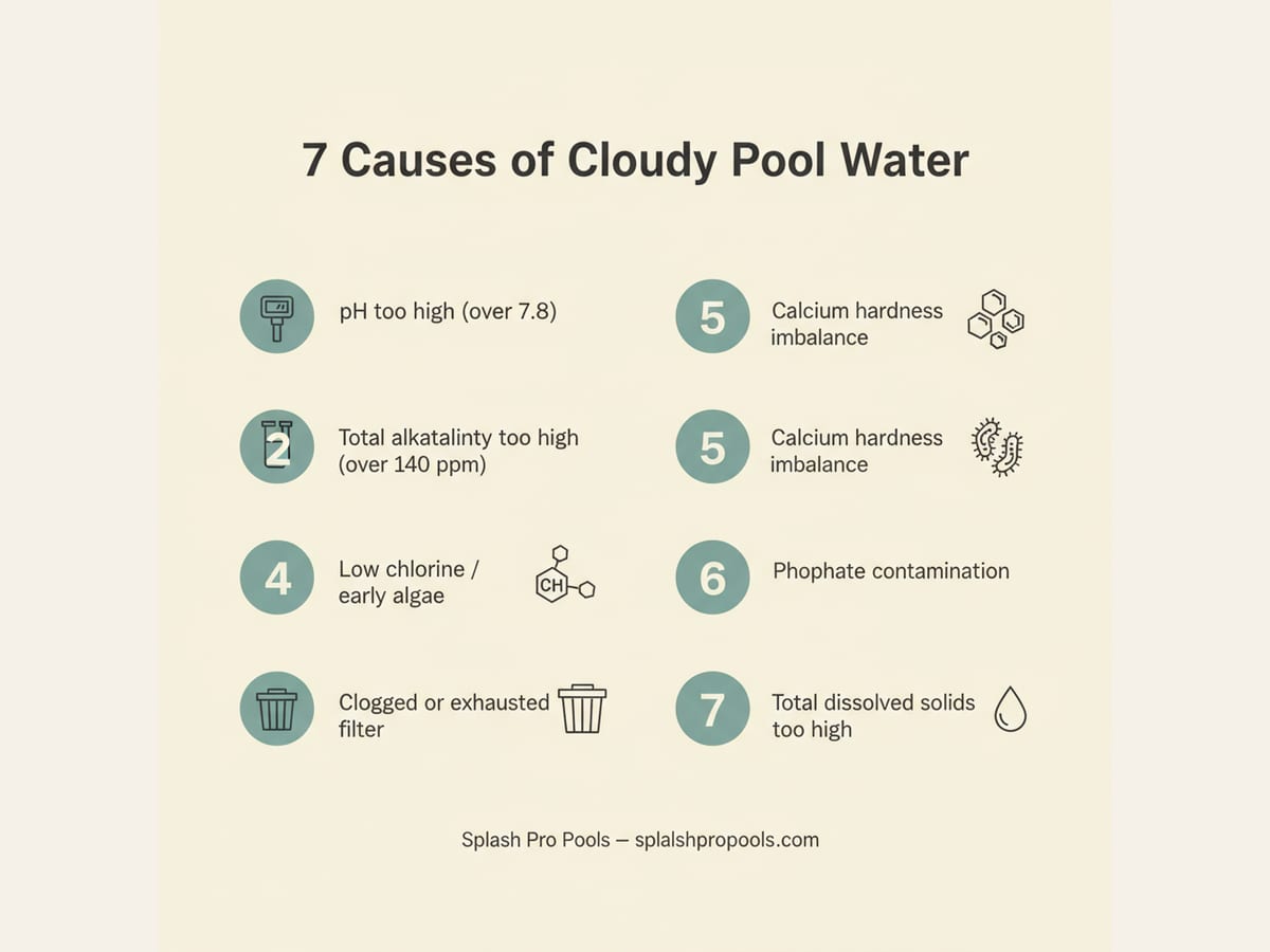 Infographic showing the seven main causes of cloudy pool water and the diagnostic test that identifies each one