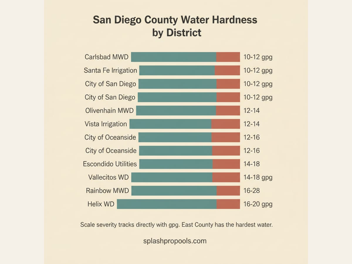 Infographic showing water hardness across San Diego County ranging from 10 gpg in coastal areas to 20 gpg in East County, with equipment impact callouts