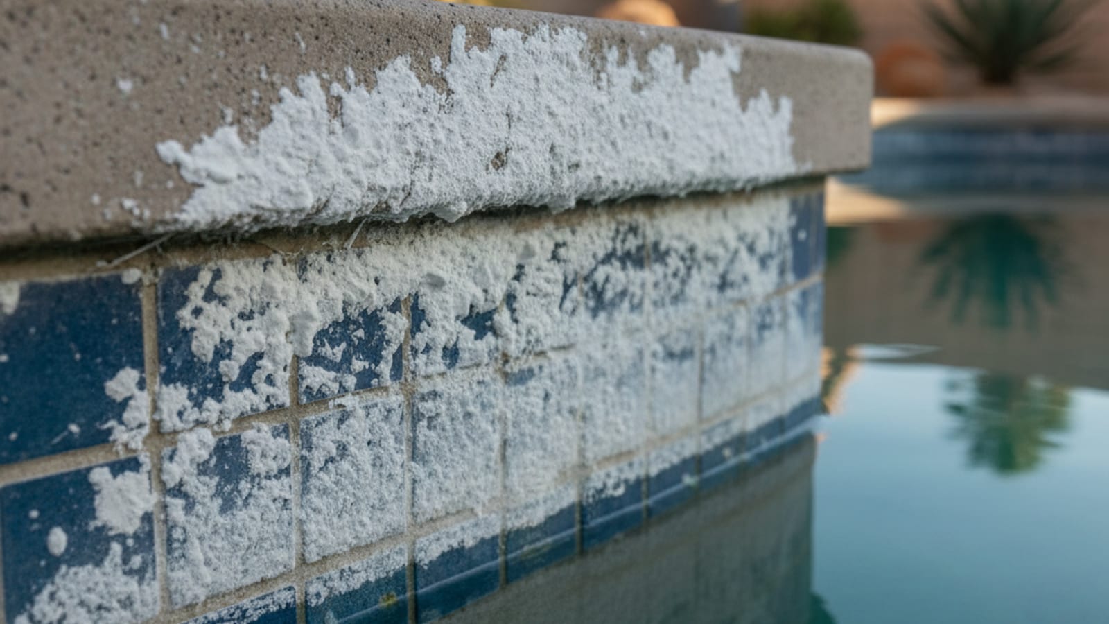 Close-up of heavy white calcium scale buildup on blue waterline tile of a San Diego backyard pool