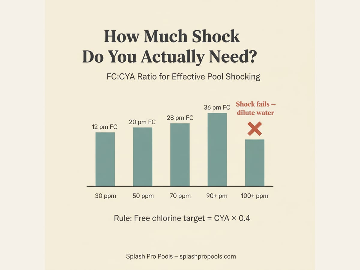 Infographic showing FC:CYA ratio chart: at 30 ppm CYA you need 12 ppm free chlorine, 50 ppm CYA needs 20 ppm FC, 70 ppm CYA needs 28 ppm FC, and at 90+ ppm CYA shock becomes ineffective and water dilution is needed