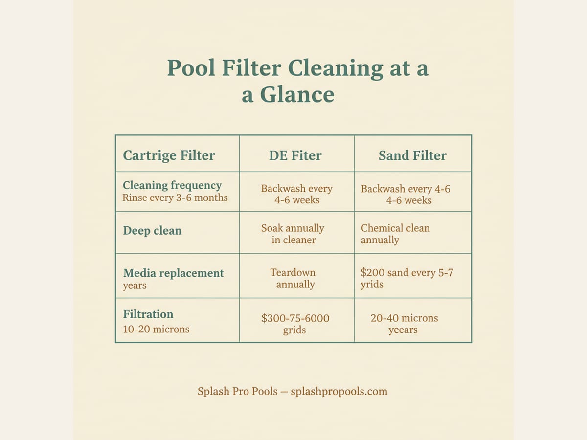 Infographic comparing pool filter types: cartridge filters at $30-75 per cartridge and 3-6 month cleaning, DE filters at $300-600 per grid set and 4-6 week backwash, sand filters at $200 sand replacement every 5-7 years