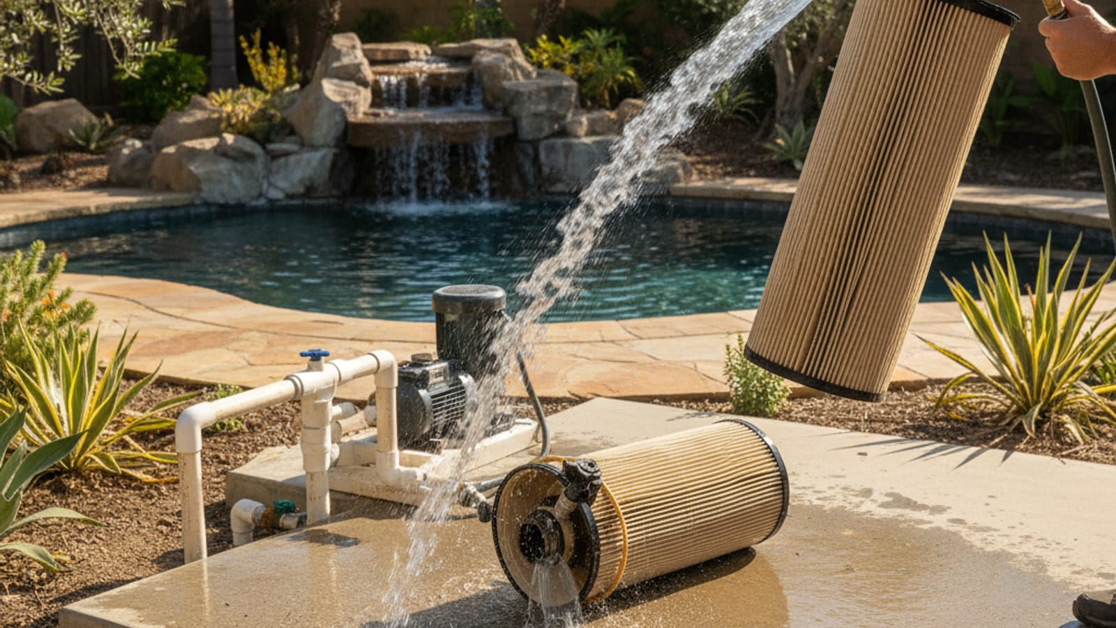 Pool cartridge filter element being rinsed with a garden hose, showing accumulated debris spraying off the pleats