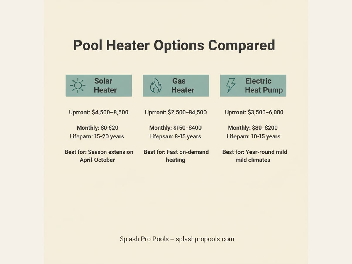 Infographic comparing pool heater types: solar heater $4500-8500 upfront with $0 per month operating, gas heater $2500-4500 upfront with $150-400 per month in gas, electric heat pump $3500-6000 upfront with $80-200 per month in electricity