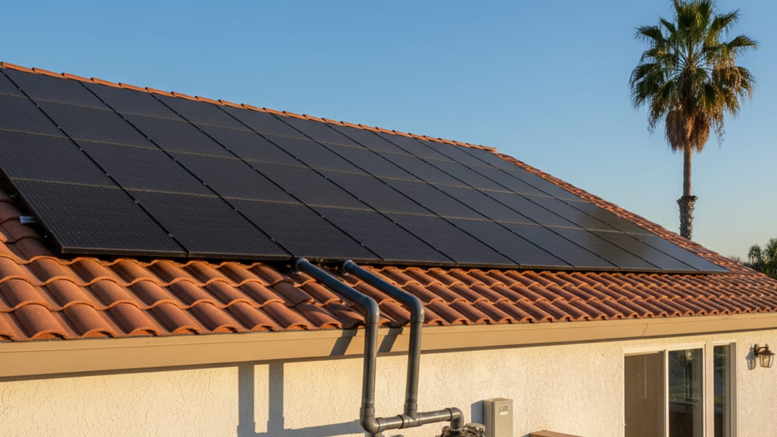 Solar pool heater panels mounted on a tile roof of a Southern California home connected to pool equipment plumbing