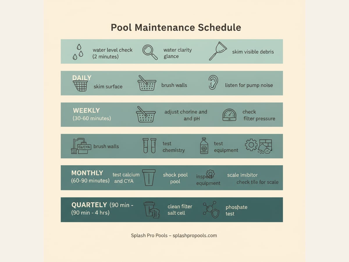 Infographic showing pool maintenance tasks organized in four time-based tiers: daily visual checks, weekly chemistry and cleaning, monthly deep clean and equipment inspection, quarterly filter service and tile cleaning