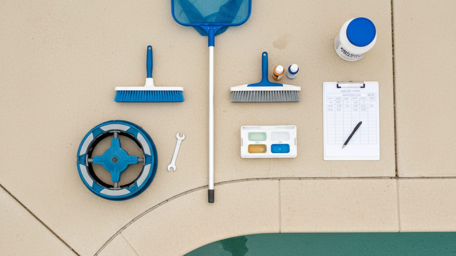 Pool maintenance equipment organized on a clean deck including skimmer net, brush, test kit, vacuum head, and chemistry log