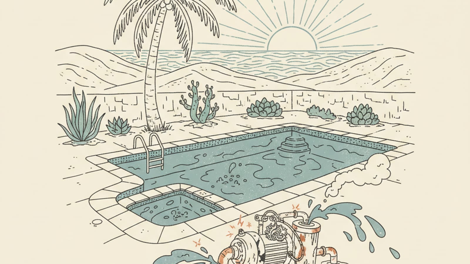 Sun-faded coastal illustration representing pool pump repair Carlsbad