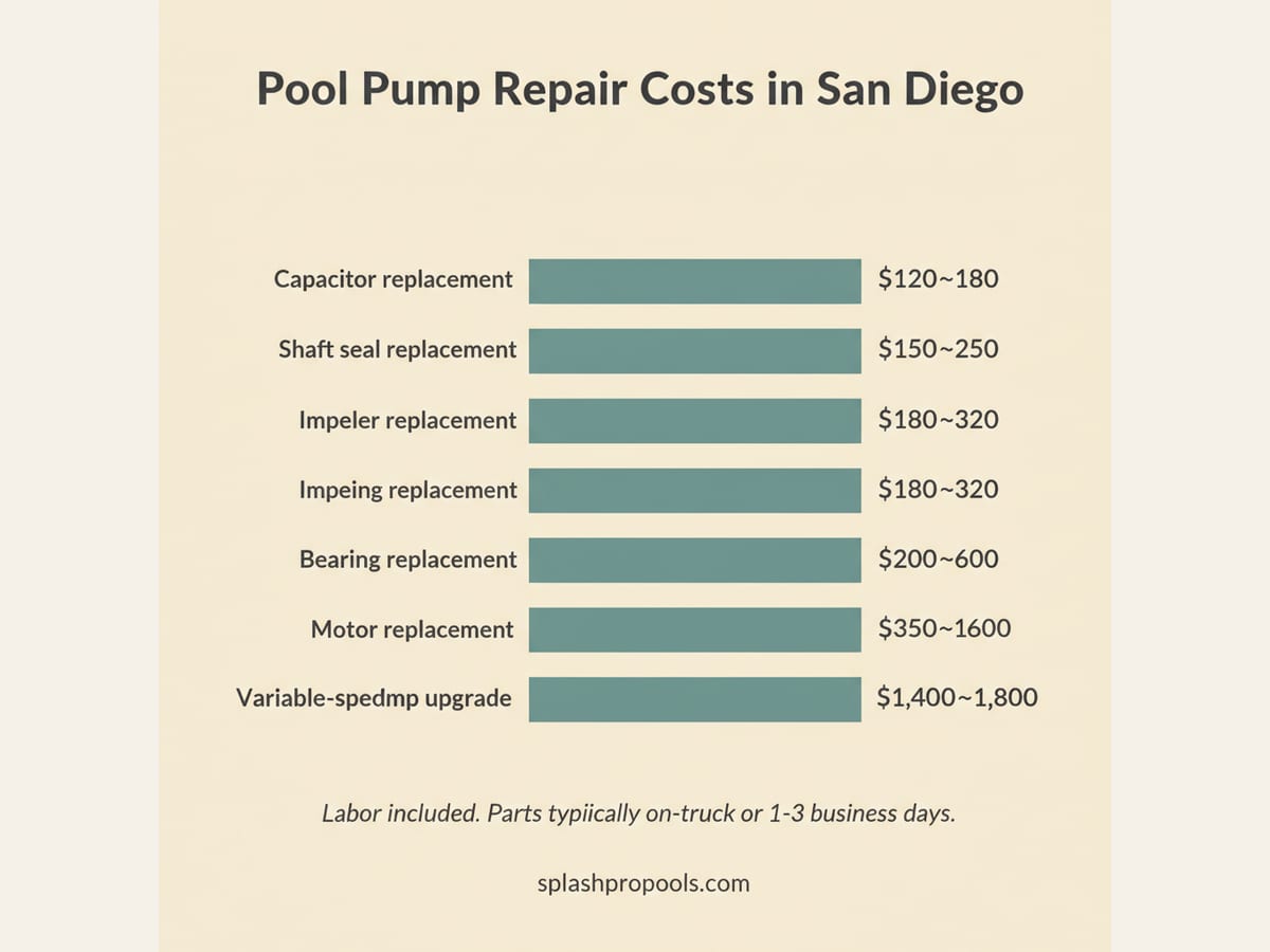 Pool pump repair cost chart showing typical San Diego pricing from $120 capacitor replacement to $1,400 variable speed pump replacement