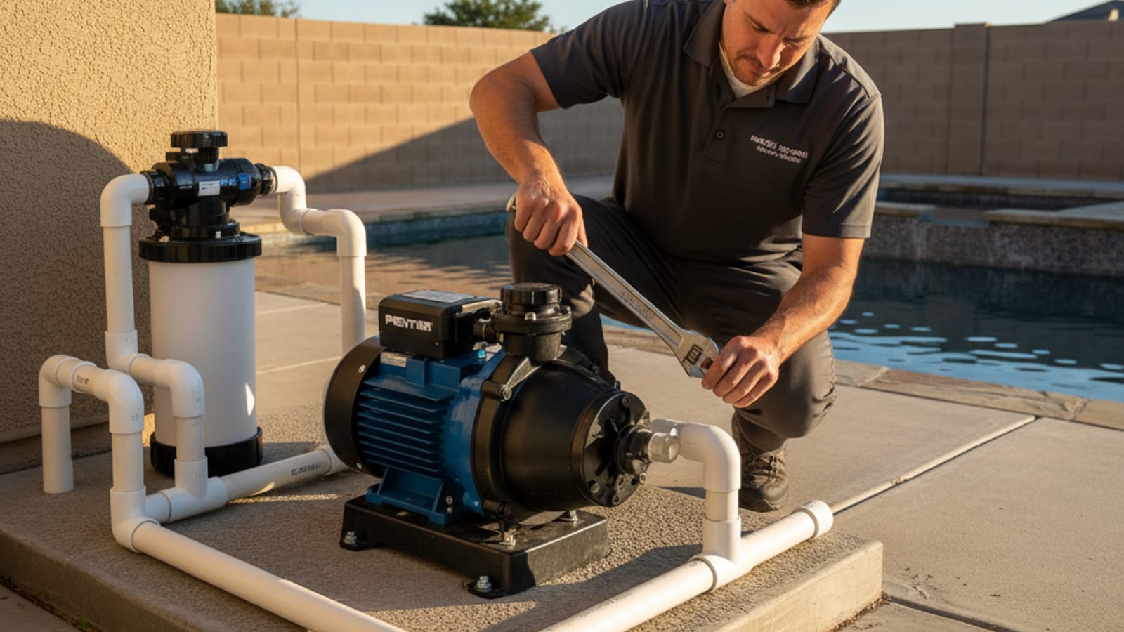 Pool technician in dark charcoal polo diagnosing a pool pump at an equipment pad with PVC plumbing