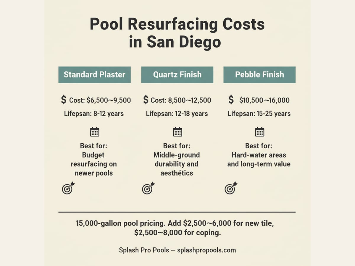 Infographic comparing pool resurfacing costs and lifespan for plaster, quartz, and pebble finishes, with hard-water adjustments for San Diego