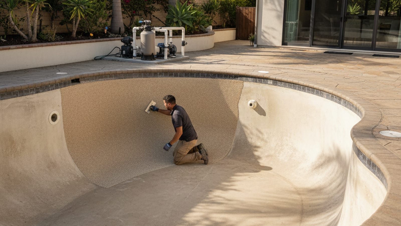 Pool contractor applying fresh pebble finish to a drained residential swimming pool during a resurfacing project