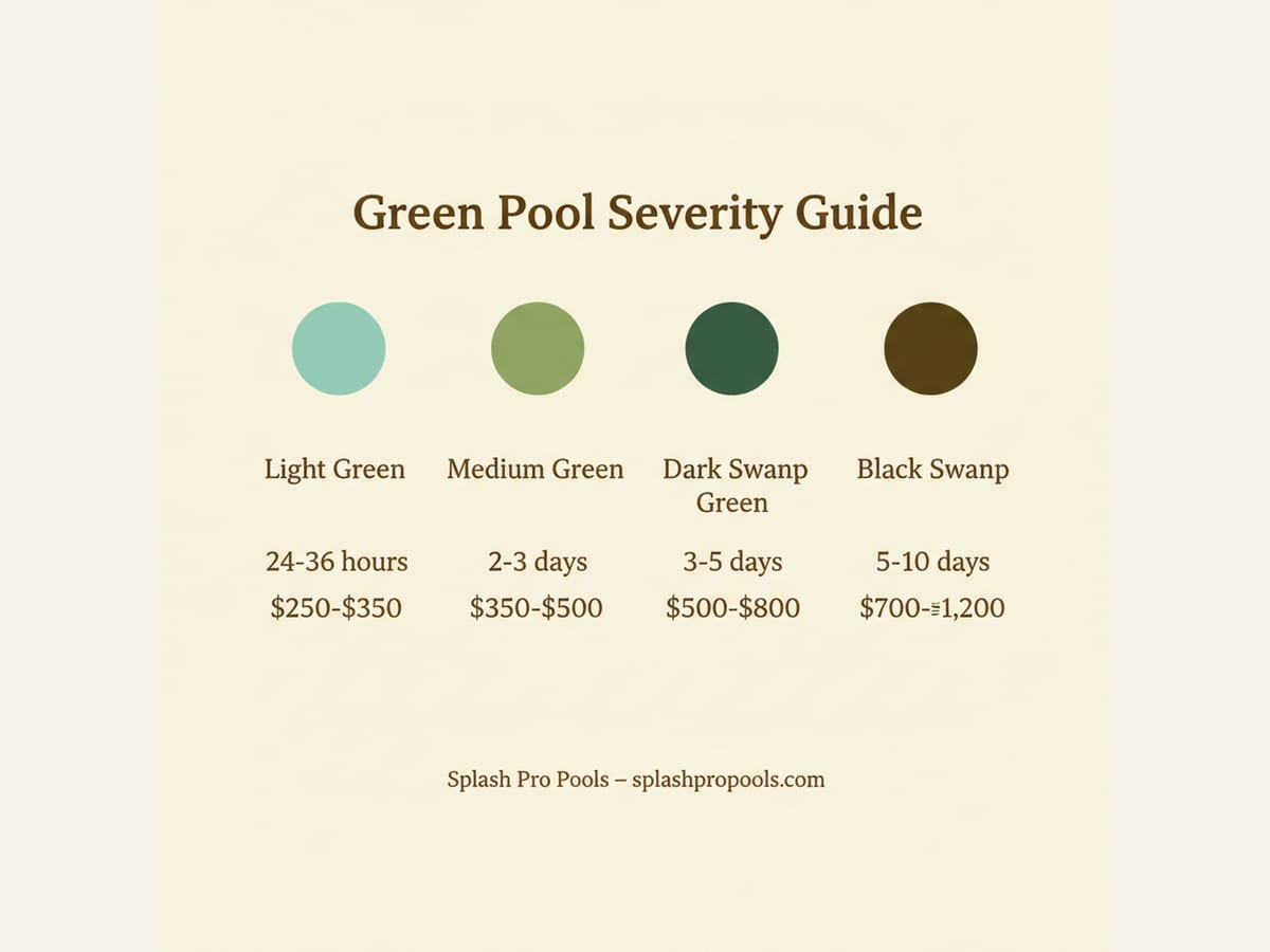 Infographic showing the four green pool severity levels, recovery time, and typical cost ranges for each, from light green at 24-36 hours to black swamp at 5-10 days