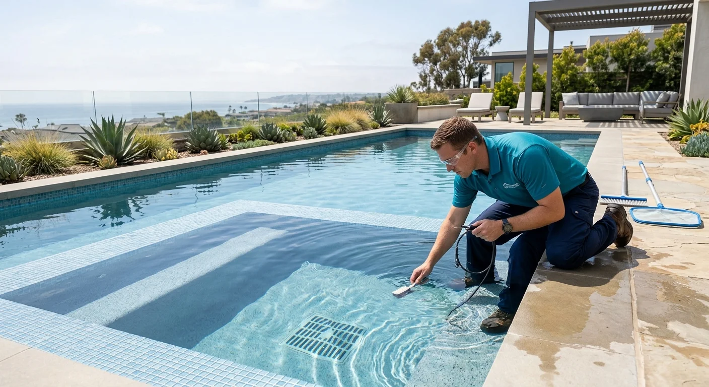A clean, modern pool in a Carlsbad backyard with ocean haze in the distance. A technician is shown inspecting the pool's main drain. Sunny, coastal lighting.
