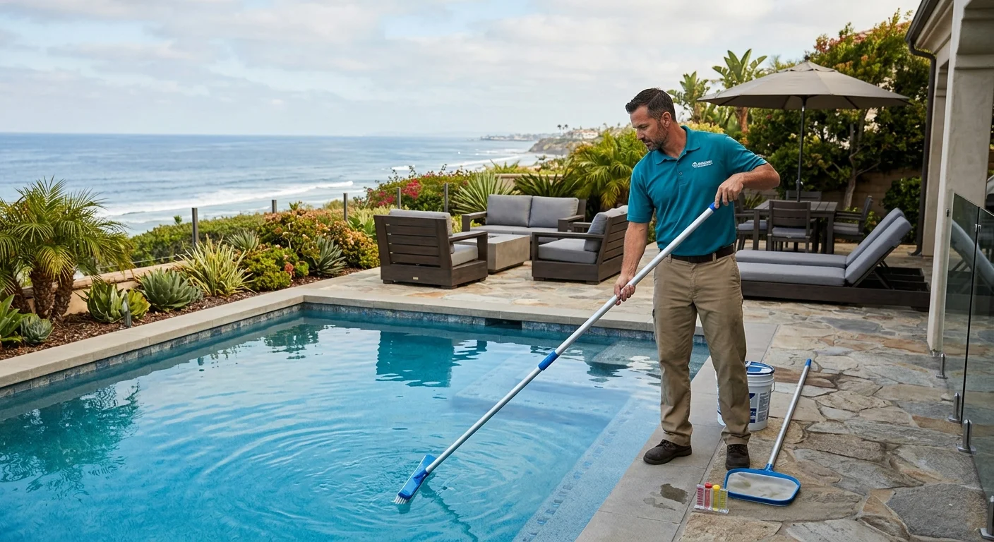 A beautiful resurfaced pool in a Carlsbad backyard, with modern patio furniture and a glimpse of the ocean in the distance.
