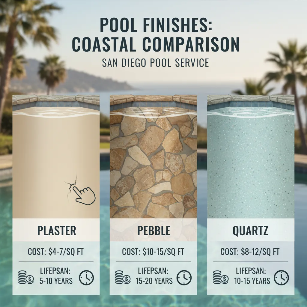An infographic comparing the costs and lifespans of plaster, pebble, and quartz pool finishes in a coastal environment.
