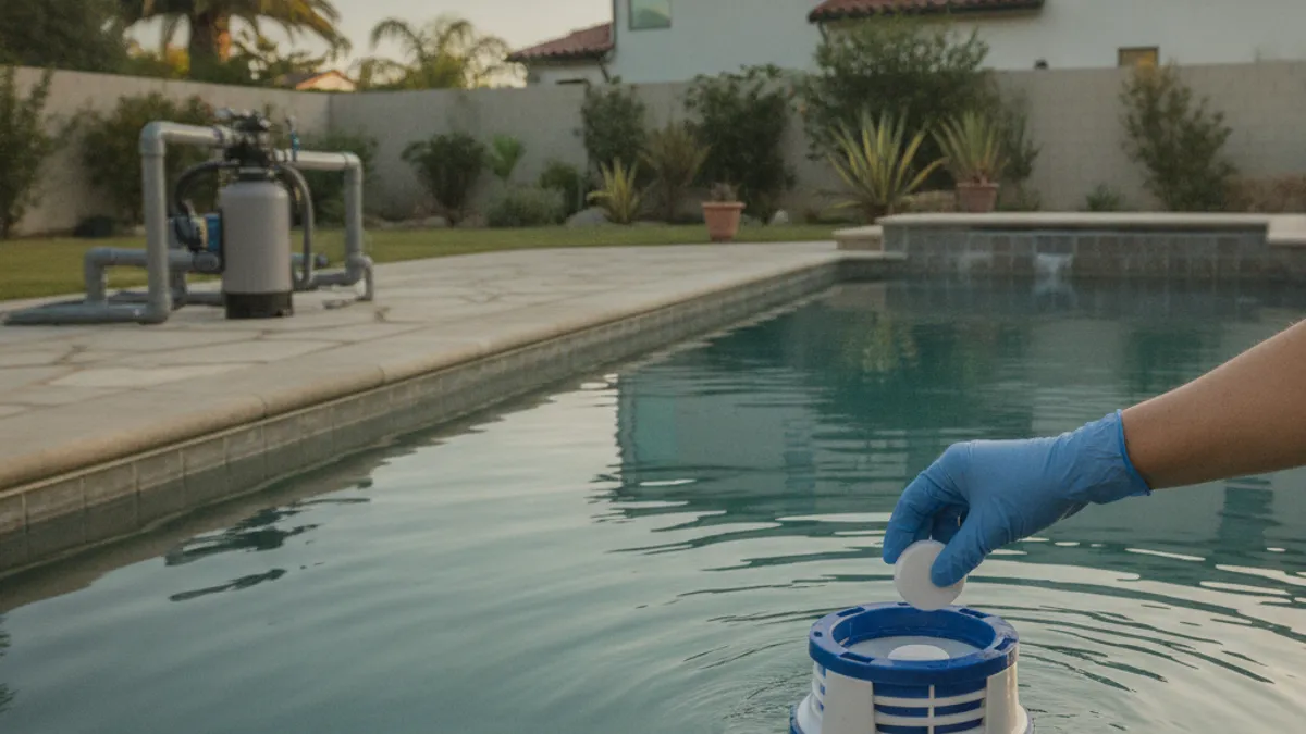 A gloved hand placing a 3-inch chlorine tablet into a floating pool chlorinator in a San Diego backyard pool