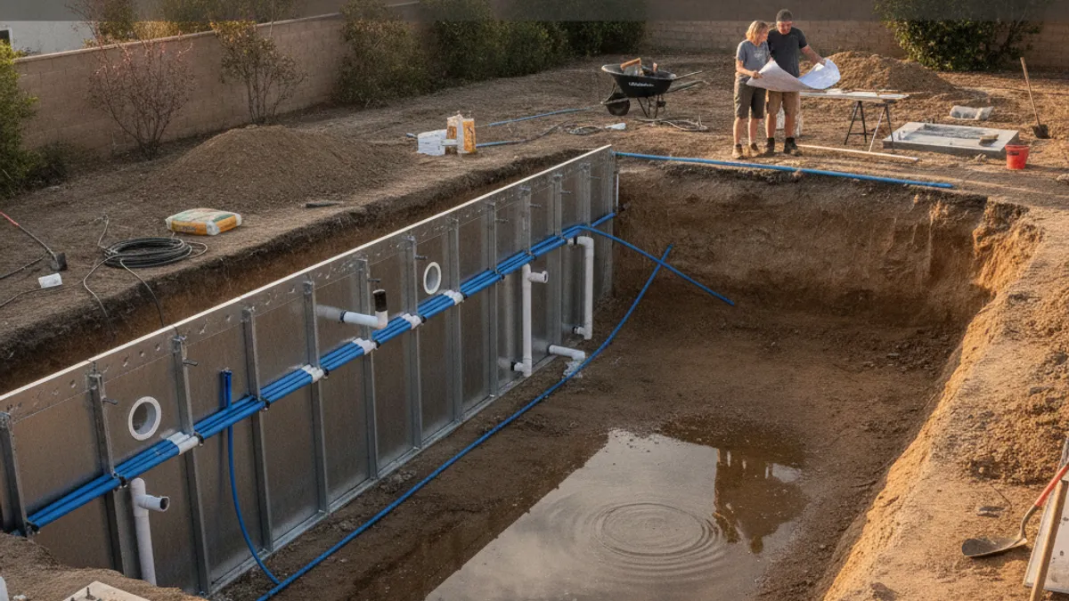 A partially assembled DIY inground pool wall panel kit standing in an excavated backyard hole in San Diego