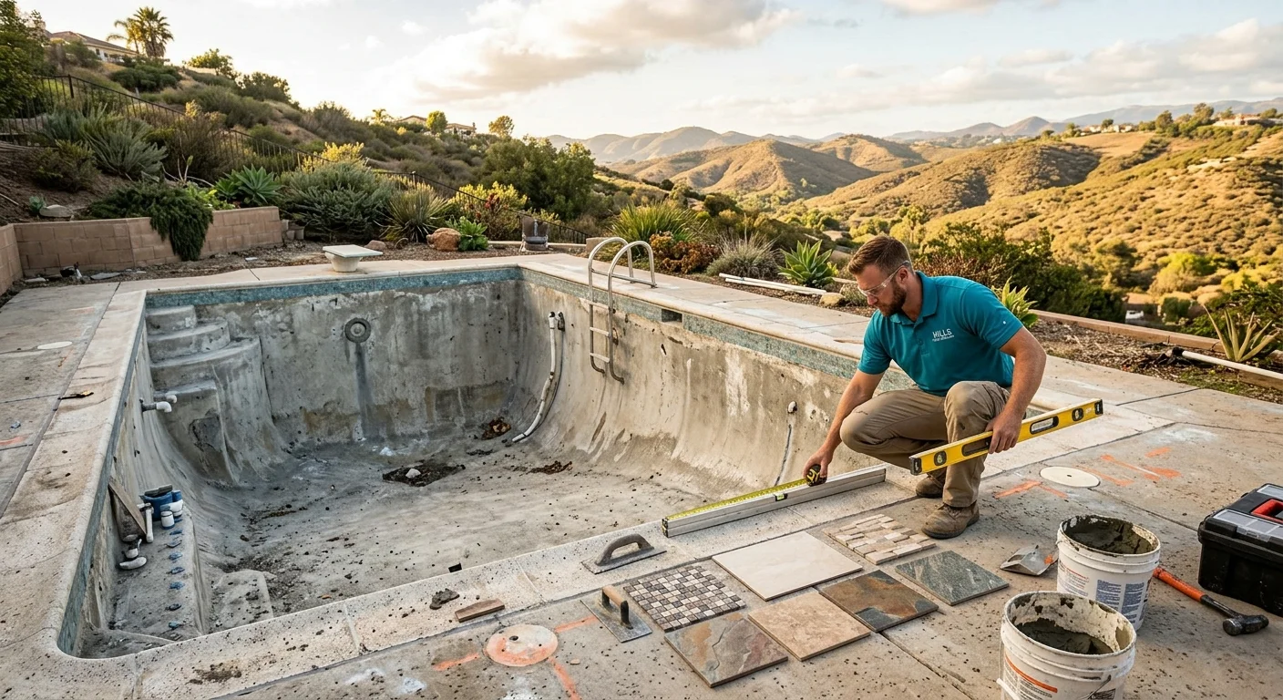 Drained Escondido hillside pool mid-remodel with tile samples on the deck
