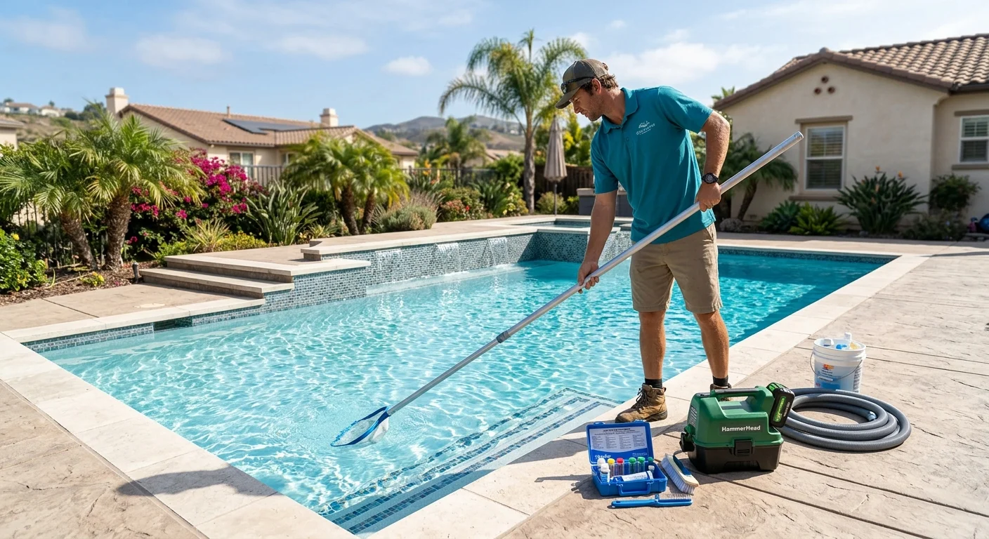 Pool professional working at the edge of a backyard pool with a skimmer pole and test kit on the deck