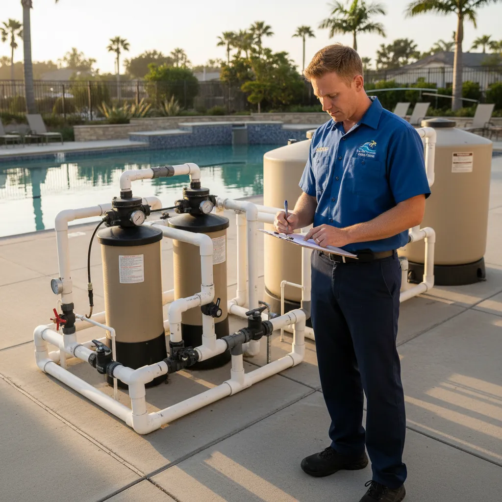 A technician in a Splash Pro Pools uniform checking a logbook on a clipboard at a community pool's equipment pad.