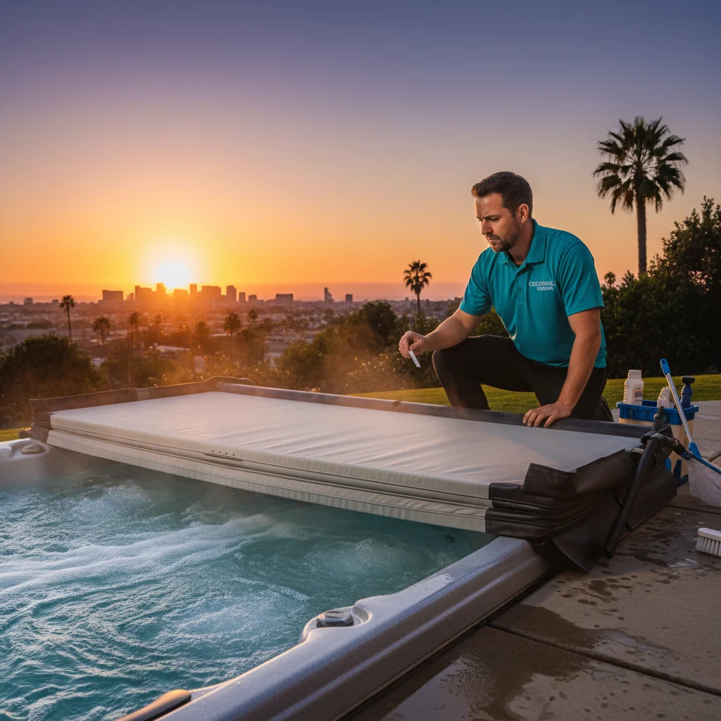 Someone cleaning a hot tub in a San Diego backyard
