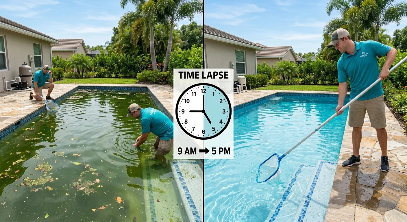 A split-image of a murky green pool on the left and the same pool sparkling clean
