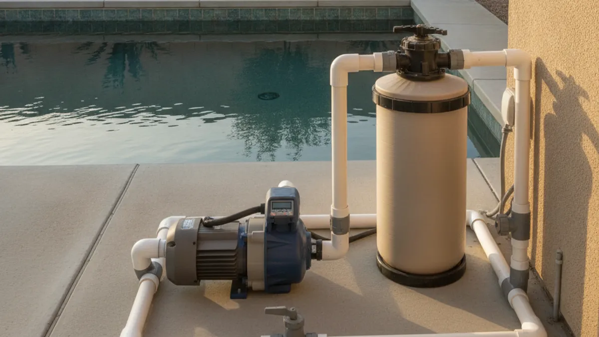 A variable-speed pool pump running on a tidy San Diego equipment pad next to a clear backyard pool in warm afternoon light