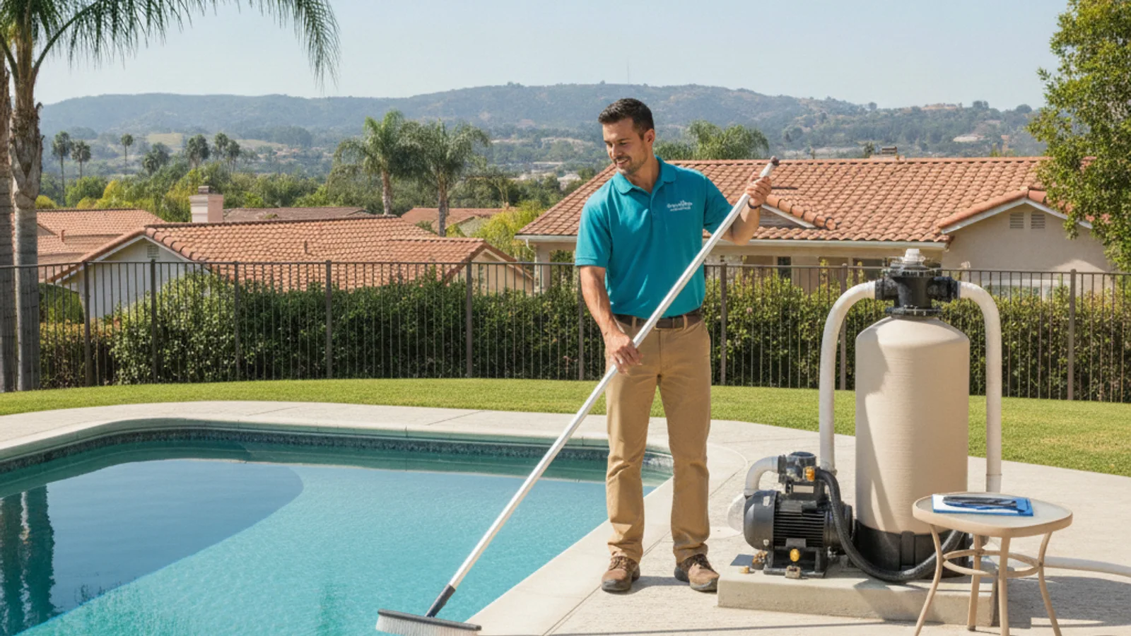 A San Diego backyard rectangular pool in bright afternoon sun with a tape measure laid along the deck edge, showing length and width being measured.