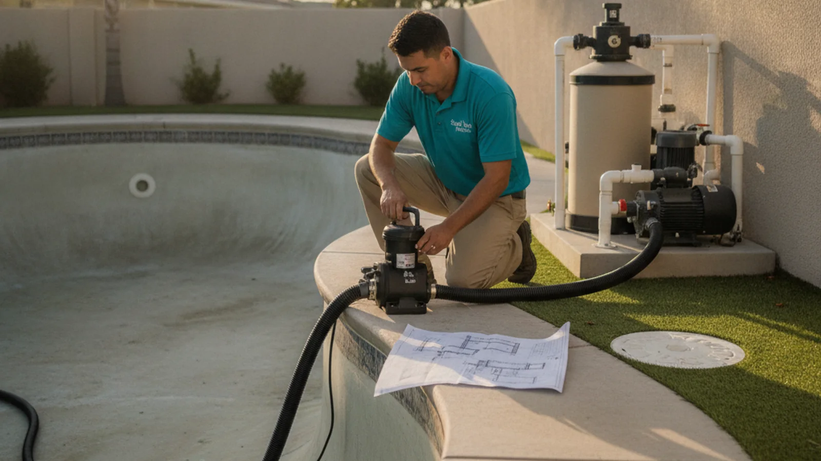 A San Diego backyard pool partway through draining, a submersible pump and hose running water toward a sewer cleanout, sunny afternoon light on the empty shallow end.