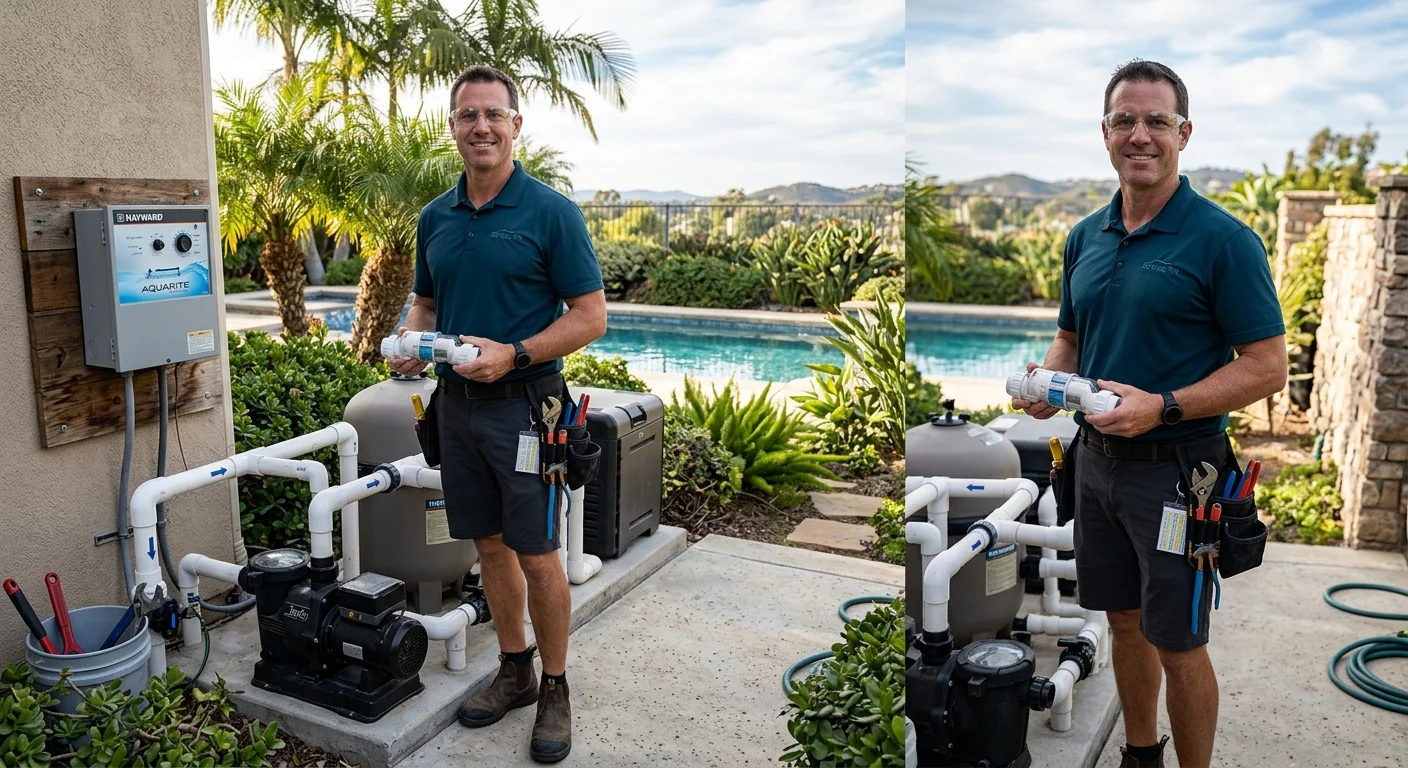 Pool pro holding a salt cell beside a chlorinator on a San Diego pad