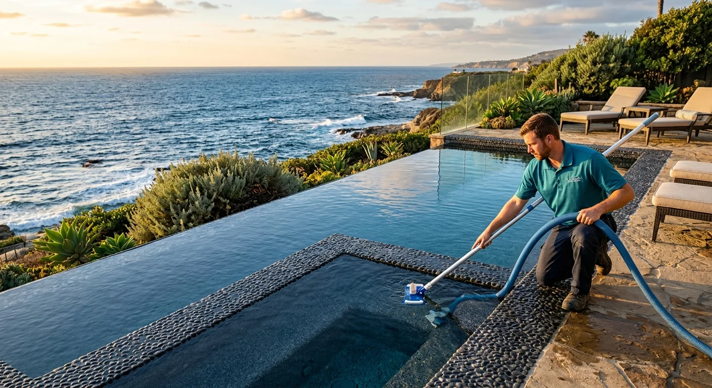 A stunning infinity pool on a La Jolla cliffside, freshly resurfaced with a dark pebble finish that matches the deep blue of the Pacific Ocean behind it. Golden hour light.