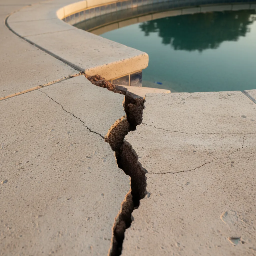 A close-up showing a vertical crack in the concrete deck of a pool, illustrating the effect of expansive clay soil.
