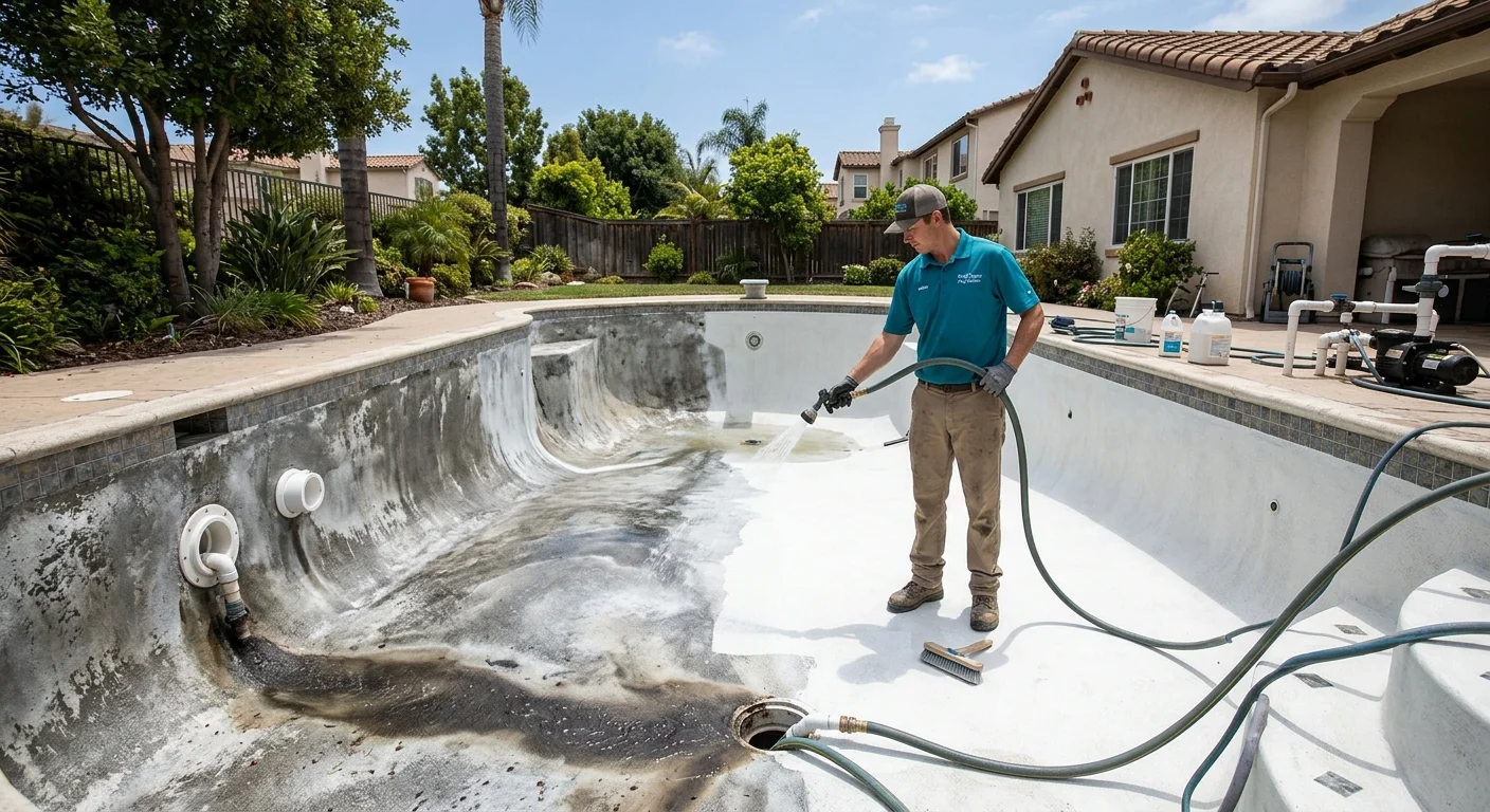 A drained San Diego backyard pool mid acid-wash, exposed plaster going from stained to bright white, a technician in a teal polo with a hose, sunny residential setting.