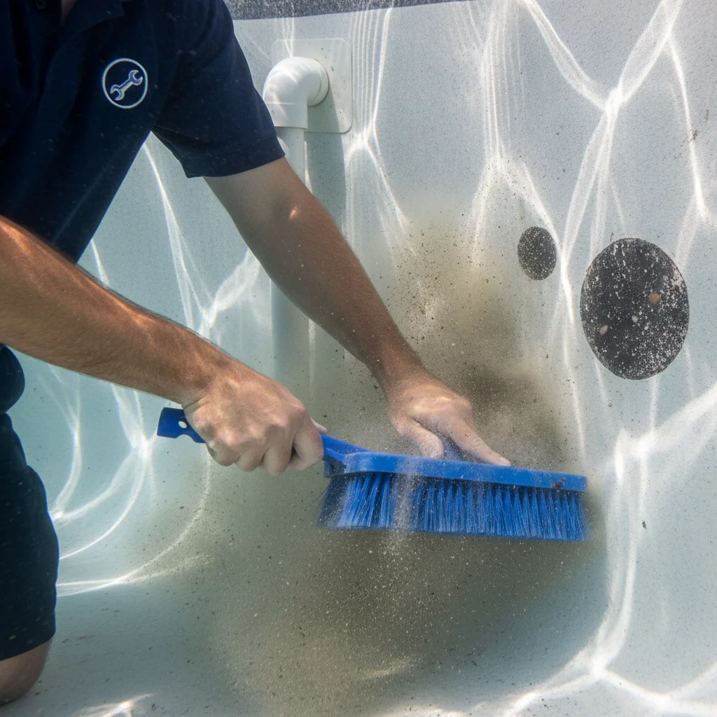 Close-up of a stiff pool brush scrubbing black algae spots off a plaster wall underwater