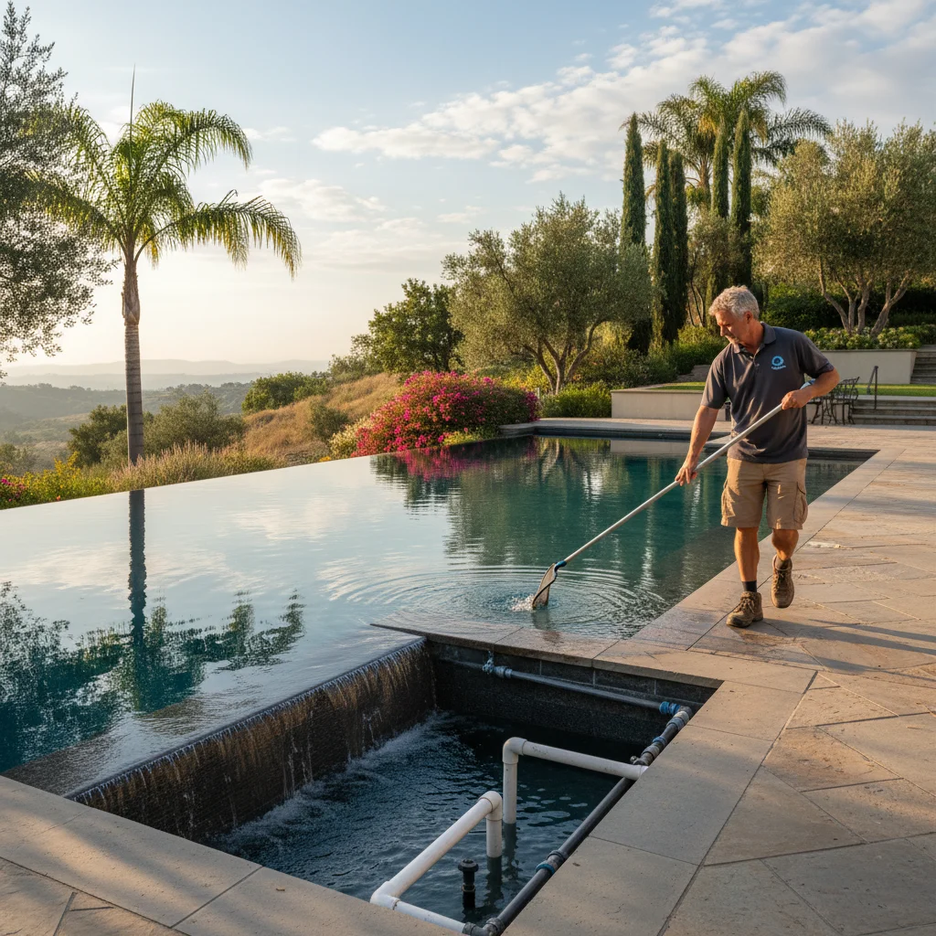 Large Rancho Santa Fe estate pool with infinity edge and mature landscaping at golden hour
