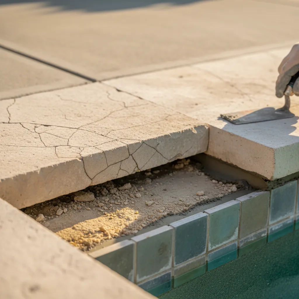 A close-up of a lifted, cracked pool coping stone with failed mortar beside a freshly re-set stone.