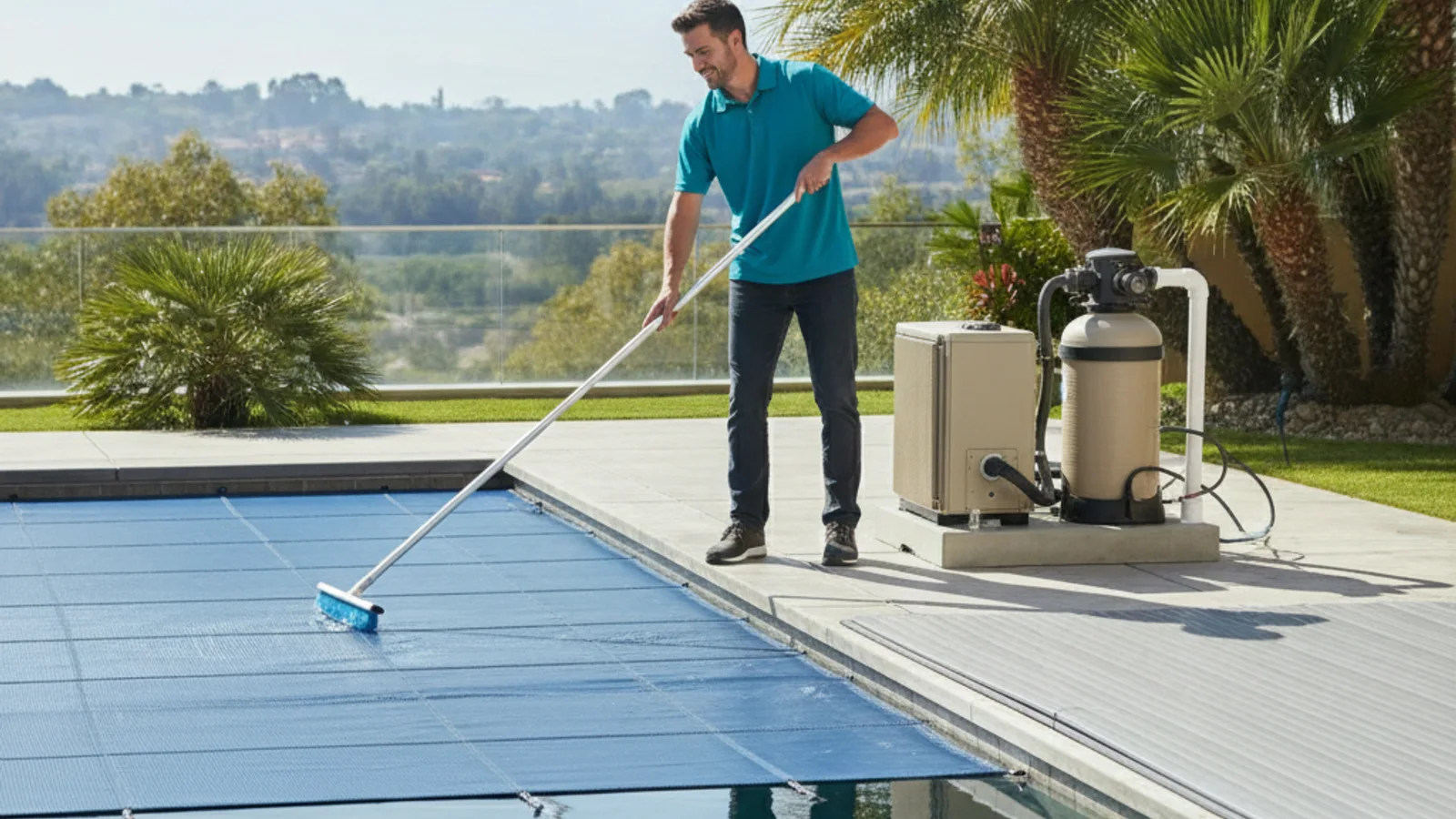 A pool technician pulling a solar cover over a residential swimming pool in a sunny San Diego backyard, a reel system visible at the pool's edge.