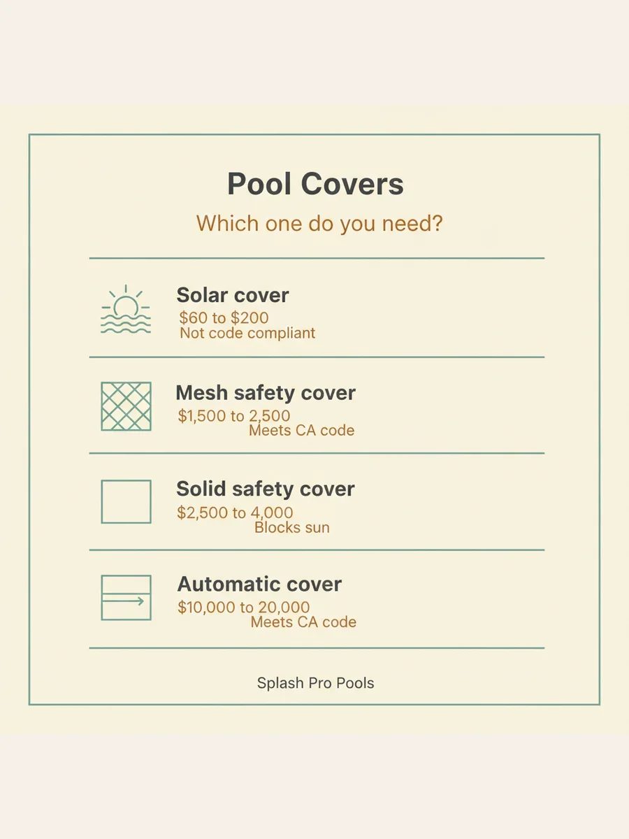 Infographic comparing solar, safety, and automatic pool covers by installed cost, safety code credit, and evaporation reduction