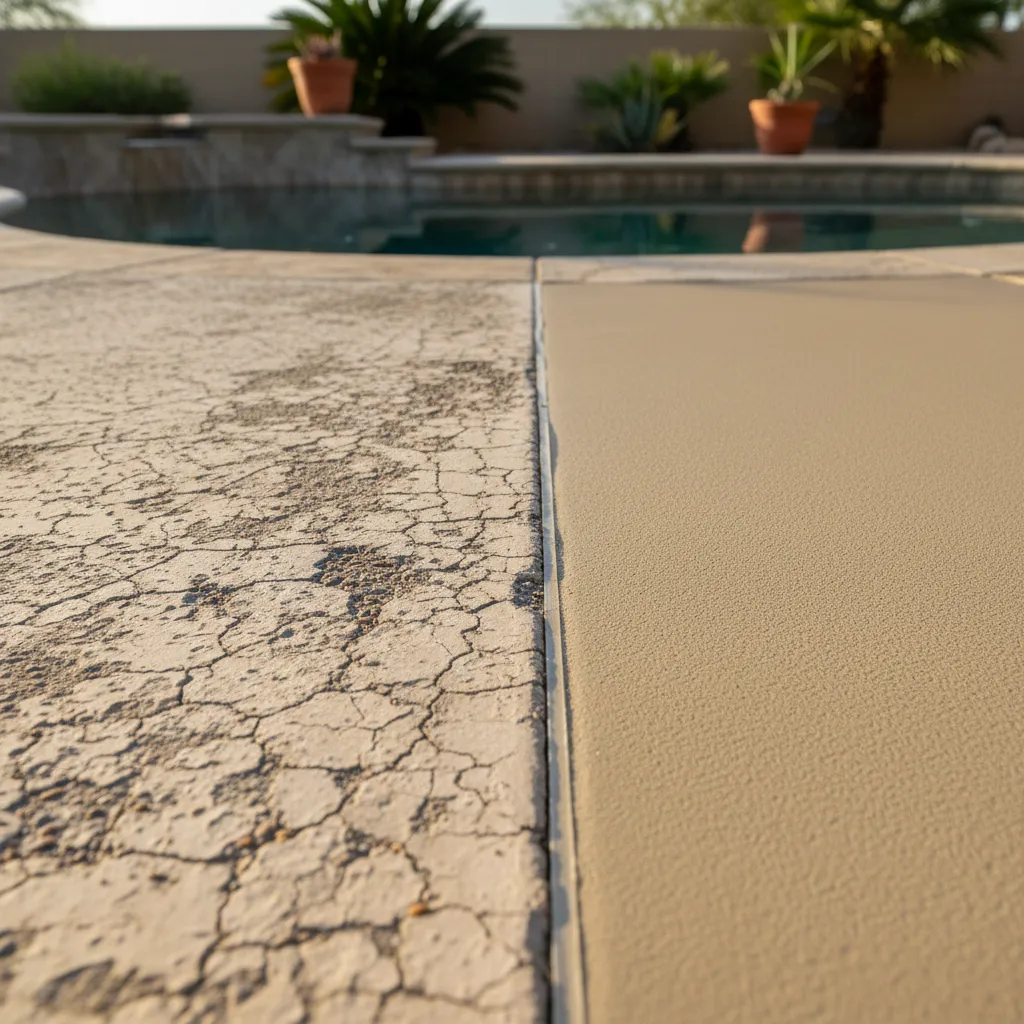 Detail shot of a worn cracked pool deck next to a smooth newly coated section, showing the before-and-after texture.
