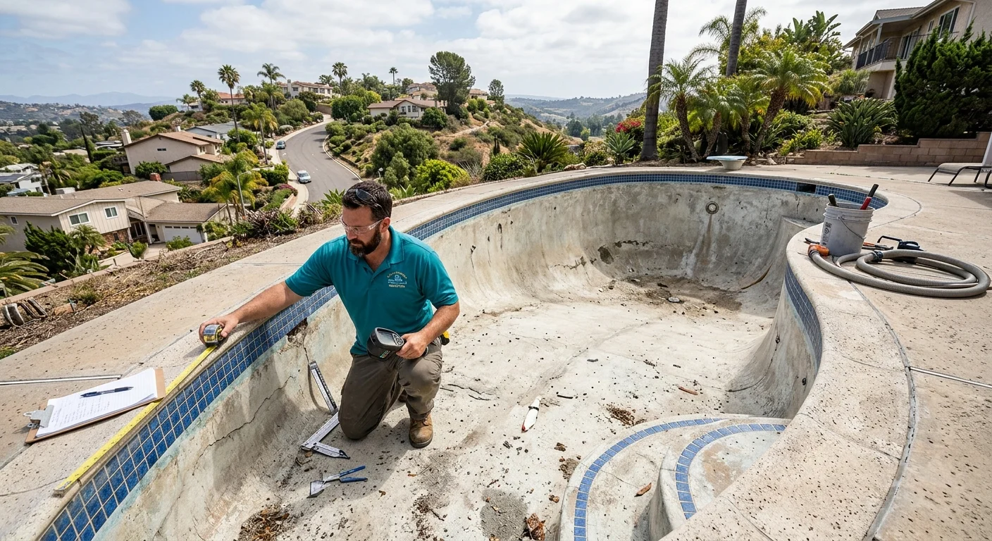 Contractor inspecting a drained kidney pool on a La Mesa hillside lot