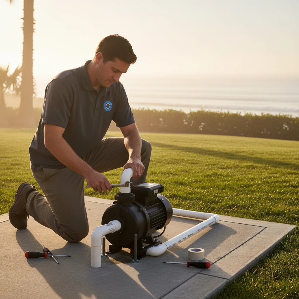 Pool technician installing a variable-speed pump on an equipment pad in a Camp Pendleton-area backyard with ocean haze in the distance