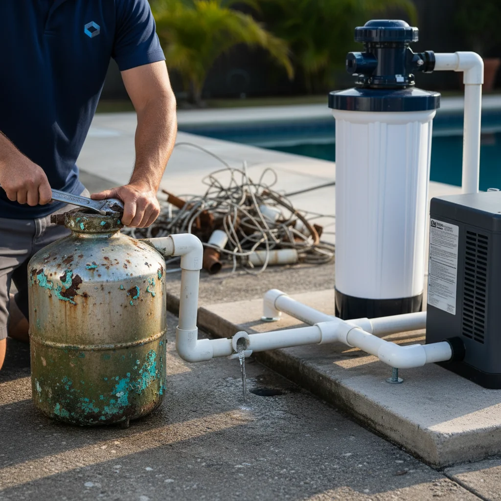 Corroded old pool equipment removed from a pad next to a freshly installed unit, salt-air pitting visible on the old housing