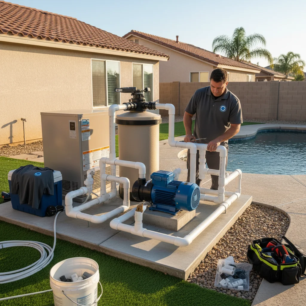 Freshly installed pool equipment pad in a San Diego backyard with new variable-speed pump, cartridge filter, and gas heater