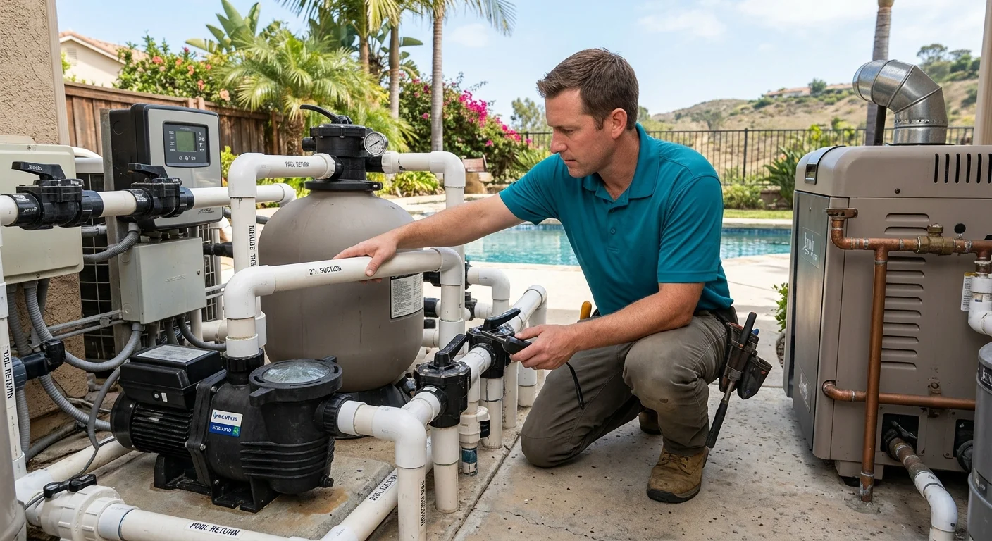Independent pool pro tracing plumbing on a crowded San Diego equipment pad