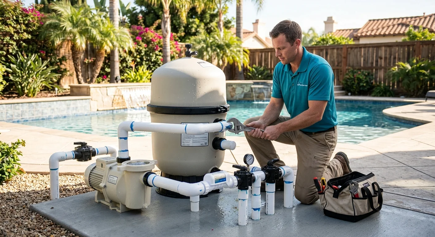 A new pool filter tank freshly installed on a clean San Diego equipment pad, plumbing connected, sunlight on the backyard.