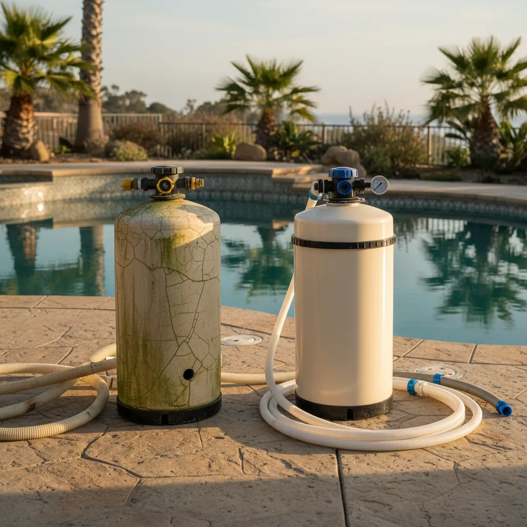 A cracked, stained old pool filter tank next to a brand-new one on the deck, hoses disconnected.