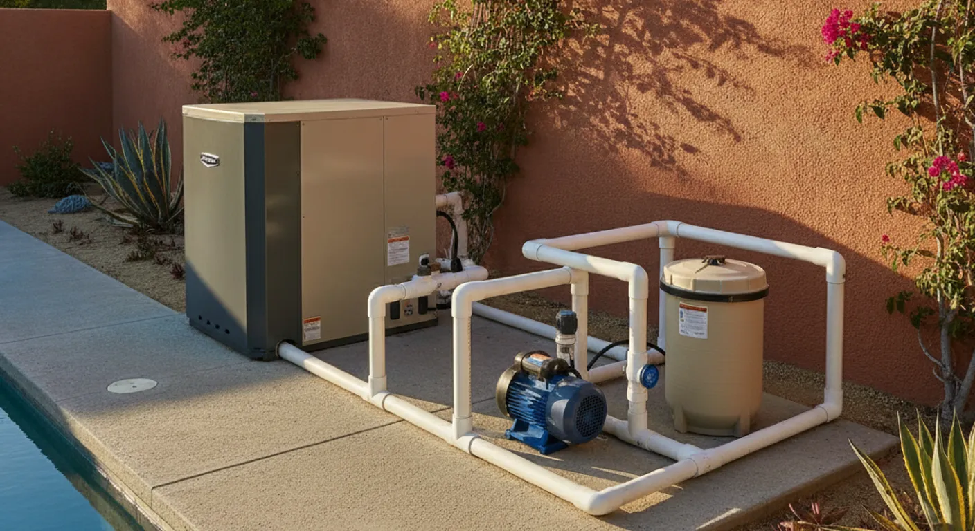 New gas pool heater and heat pump installed on a San Diego backyard equipment pad