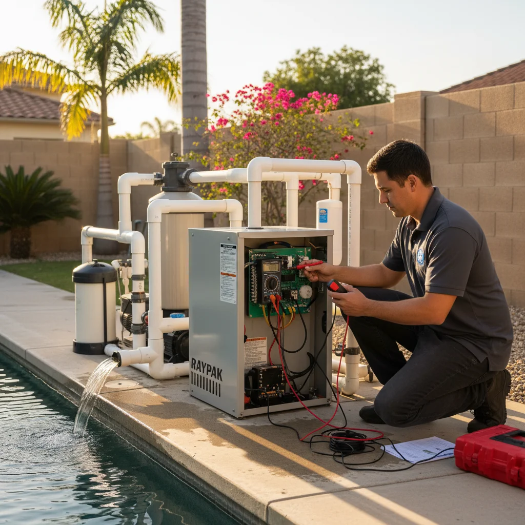 Pool technician diagnosing a Raypak gas pool heater with a multimeter at a San Diego equipment pad